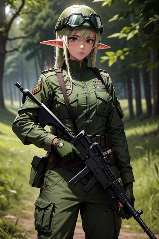 1female elf ,elfa militar,vestimenta militar,green camouflage uniform and wearing a helmet with goggles,holding firearm in your hands, parecendo estar pronta para o combate. The image depicts a military female elf, com um semblante determinado, positioned close to some type of military equipment.
