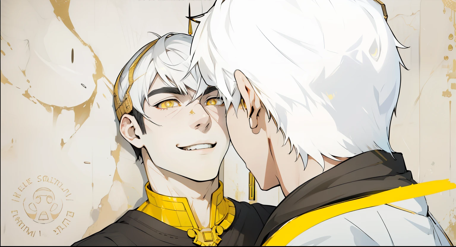 cute 18 year old boy yellow eyes white hair ancient egyptian clothing golden jewelry mischievous smile pocardia speaks with mockery irony yellow eyes white hair golden jewelry black and yellow egyptian clothes