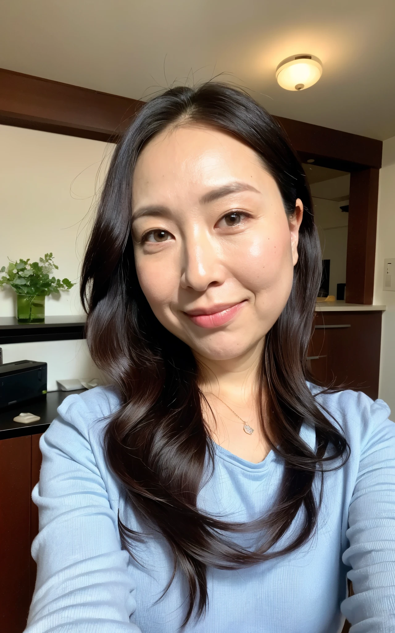 ((Best Quality, 8k, Masterpiece: 1.3)), Photorealistic, Sharp Focus, High Quality, High Definition, Portrait, Solo, Japan, Middle Aged Woman, Beauty, 43 years old, Plump, Wavy Hair, receptionist uniform, look down:0.2, Wrinkles at the corners of the eyes:0.5, Narrow backyard, Lots of boxes, Lots of files, Dark background