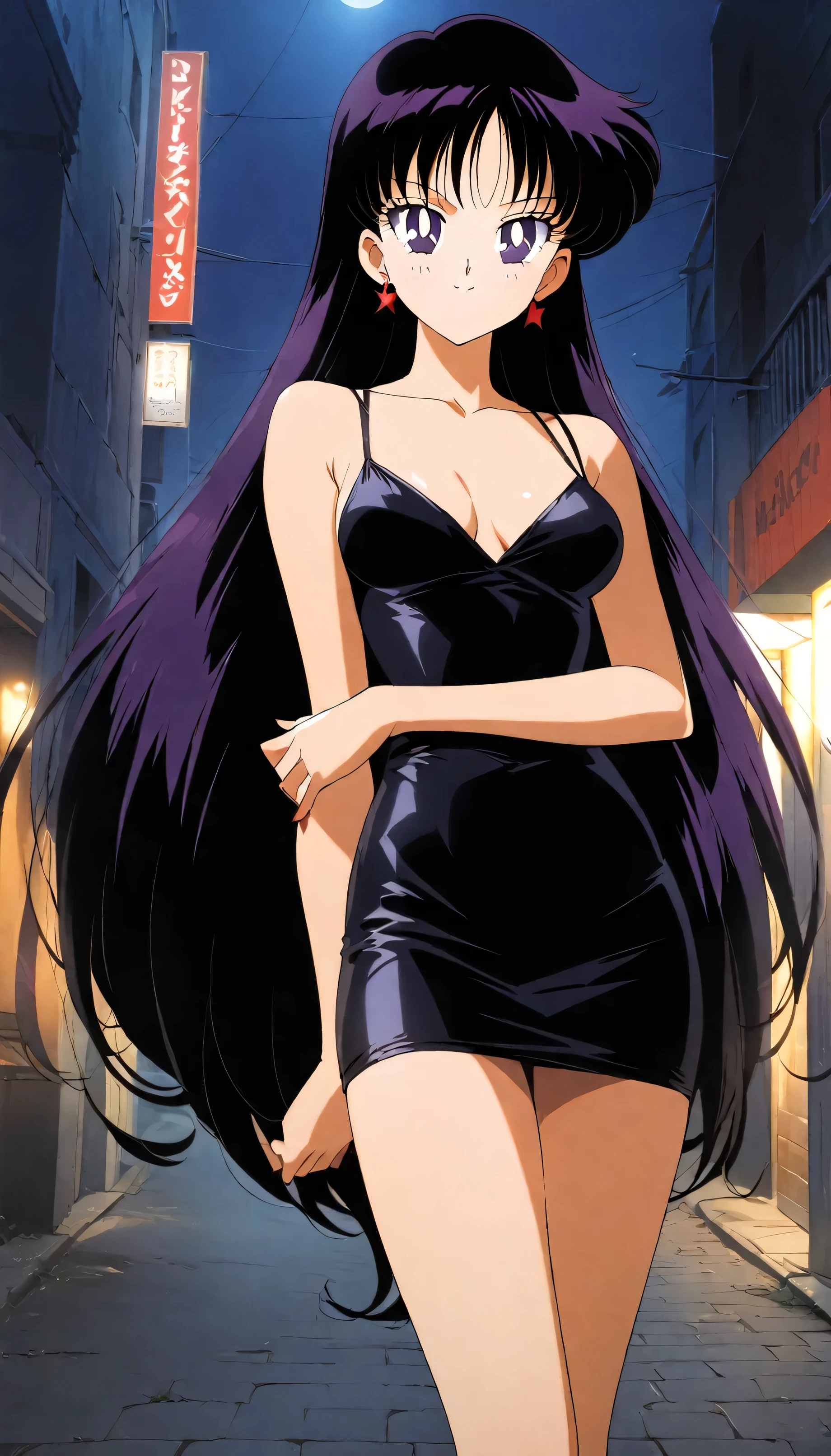 aamars, very long hair, black hair, parted bangs, purple eyes, 1990s \(style\), 1 girl, solo, Best quality, masterpiece, High Definition, taut dress, spaghetti strap, black dress, sleeveless, night, street, standing, black high heels, sexy posing, cowboy shot, medium breast, smile, 