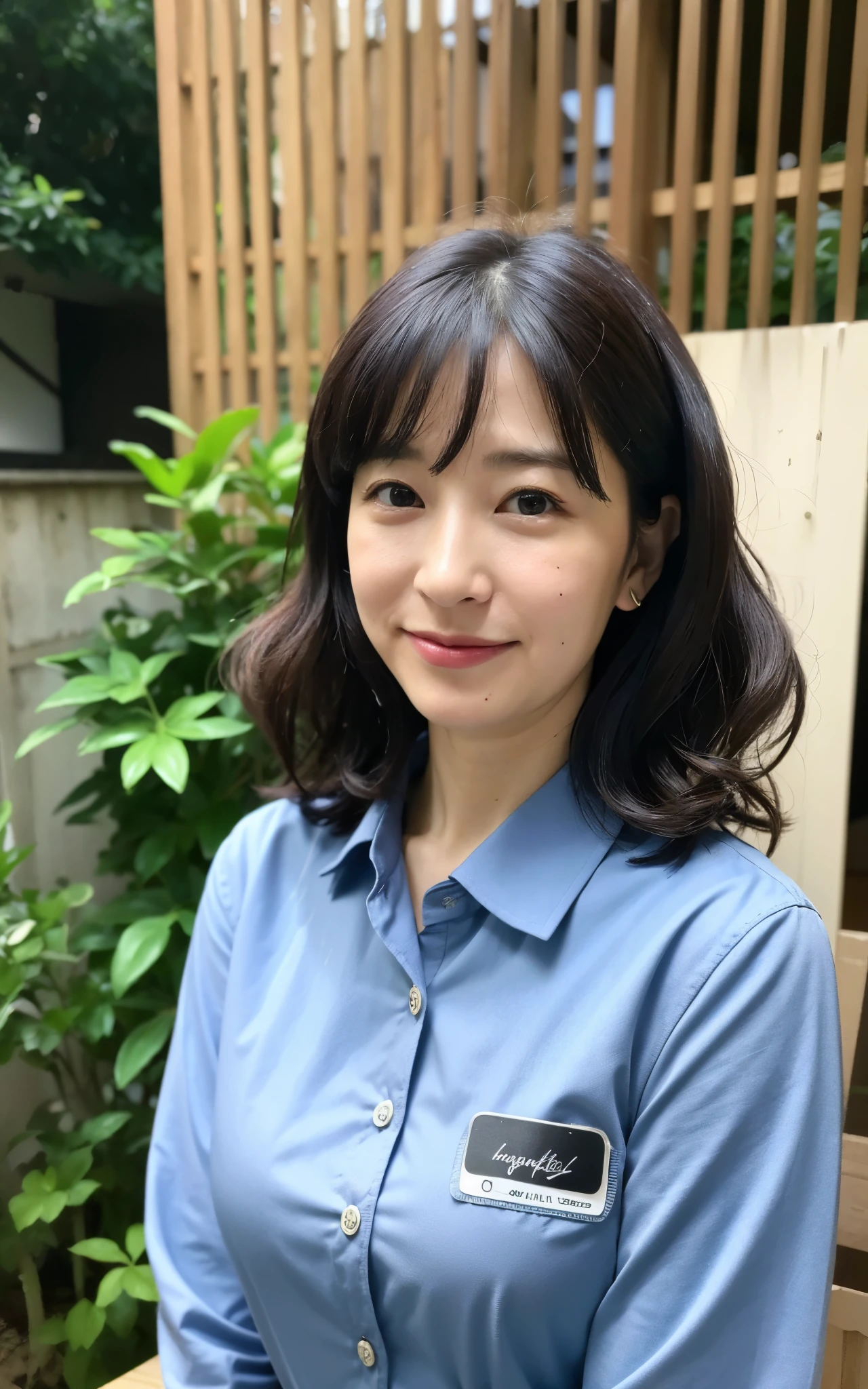 ((Best Quality, 8k, Masterpiece: 1.3)), Photorealistic, Sharp Focus, High Quality, High Definition, Portrait, Solo, Japan, Middle Aged Woman, Beauty, 43 years old, Plump, Wavy Hair, receptionist uniform, Wrinkles at the corners of the eyes:0.5, Narrow backyard, Lots of boxes, Lots of files, Dark background