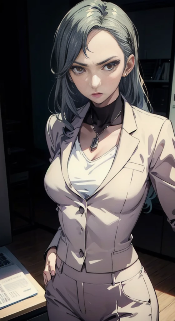 (((masterpiece))) Sae Niijima, wearing an office lady suit, long pants, in an office, standing, serious looks, bright
