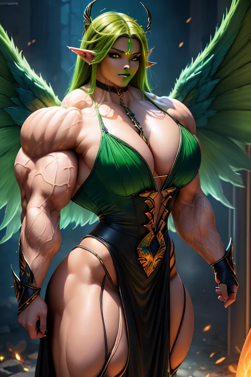 ((((Massive, beautiful, buff, light brown skinned muscular dark angel woman with green hair, black lipstick, glowing eyes, huge black angel wings, ginormous bulky muscles and wearing a beautiful black angel dress)))), {close view}, massive muscles, massive biceps, hyper muscle shoulders, massive muscle arms, vascular shoulders, hyper muscle triceps, huge angel wings, (long curvy hair), orange eyes, choker, angel gauntlets, in front of a meteor shower in a Destroyed City, devious smile, hyper muscles arms, hyper muscle legs, (massive arms).