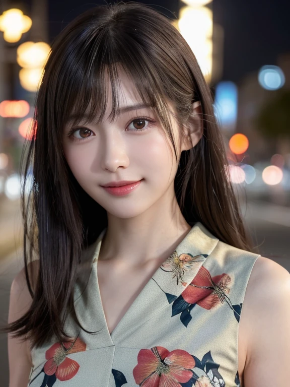 1 Japanese girl,(Floral dress:1.4), (RAW Photos, highest quality), (Realistic, Photorealistic:1.4), Tabletop, Very delicate and beautiful, Very detailed, 8k wallpaper, wonderful, In detail, Very detailedなCG Unity, High resolution, Soft Light, Beautifully detailed 19 year old girl, Very detailedな目と顔, Beautifully detailed nose, Beautiful fine details,Cinema Lighting,City lights at night,Perfect Anatomy,Slender body,smile (My hair is messy, Asymmetrical bangs, Black Hair,semi-long)