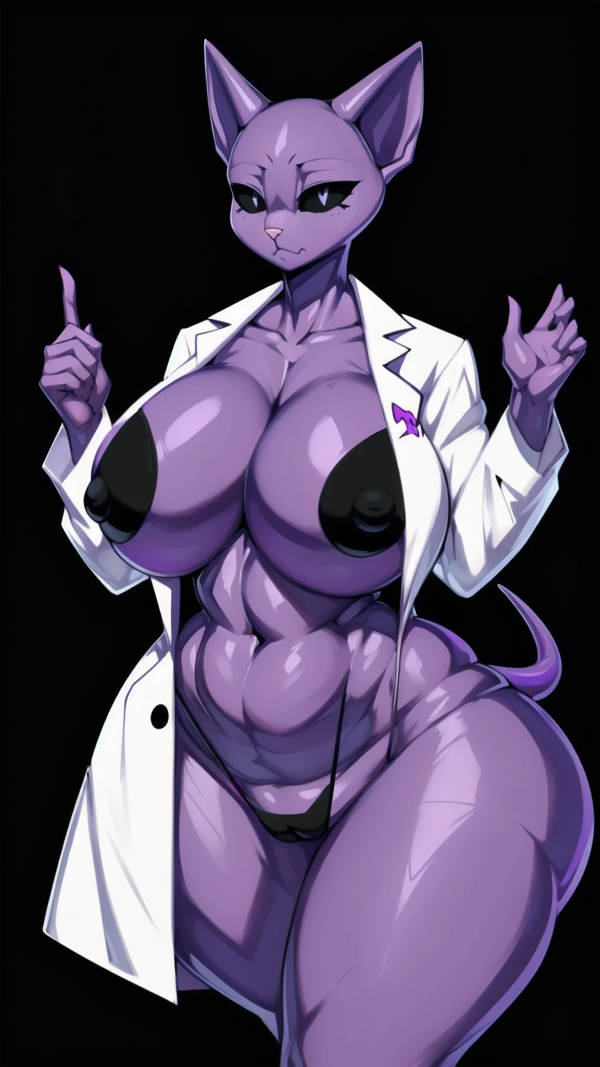 ((((black microbikini:1)))) bikini((made by zackary911:1 art style)), ((adorable cute sad cat face)), (colors her skin and face purple:1), focus on the female furry cat, ((small and tiny cat female body)), ((superiority and perfect body) ), ((female bald cat face dressed only in a white scientist's lab coat and a black Micro Bikini :1)), ((no hair anywhere on her body, no skin, total baldness, baldness:1)), masterpiece, Best quality, purple body and face color, a furry and feminine woman is a cute cat with purple hair, orange cat tongue, no hair anywhere on her body, pink cat nose, bare skin, big thighs, big tits and natural, big breasts, ((Hourglass figure)), (1.4), huge , thick, thick body, sexy massive female, Perfect body, big breasts, big ass, Perfect body, masterpiece, Best quality, full figure, voluptuous SEXY body, smooth. Perfect, athletic body, purple nipples, large oval eyes with black sclera and white pupils, orange tongue, ((purple inside her cat ears)), light pink cat nose, black and white eyes, ((long tail of dark purple color)), purple vagina, ((completely smooth face)), ((violet female sphinx cat face)), ((sphynx cat head)), orange cat tongue, adorable face, ((Cute face)), voluptuous cat woman, ((white scientist lab coat)), furry cat with an happy face expression, ((very sad face)), sad face, venus Perfect body, ((only 2 cat ears Normal purple, no hair on the head:1)), purple nipples, completely, high quality, masterpiece, adorable and sexy, Beautiful adorable Perfect body, violet color of the body and the face, big black eyes with white iris, cat mouth, cat teeth, bald body, on a romantic date, ((made by art style zackary911:1)