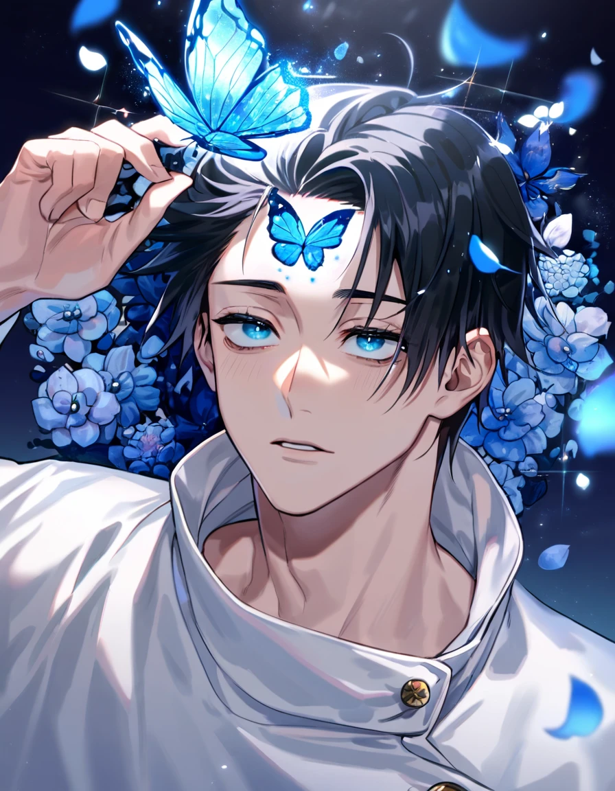 Ultra detailed, Highres, absurdres, HDR, Fushiguro Touji, black straight hair, expressive green eyes, black tight shirt with patterns, Jujutsu Kaisen, blue flowers, petals, handsome, sexy man, solo, very detailed eyes and face, glittering small blue butterflies, master piece, toned chest, glittering, fantasy, cross, blue background, blue flames,