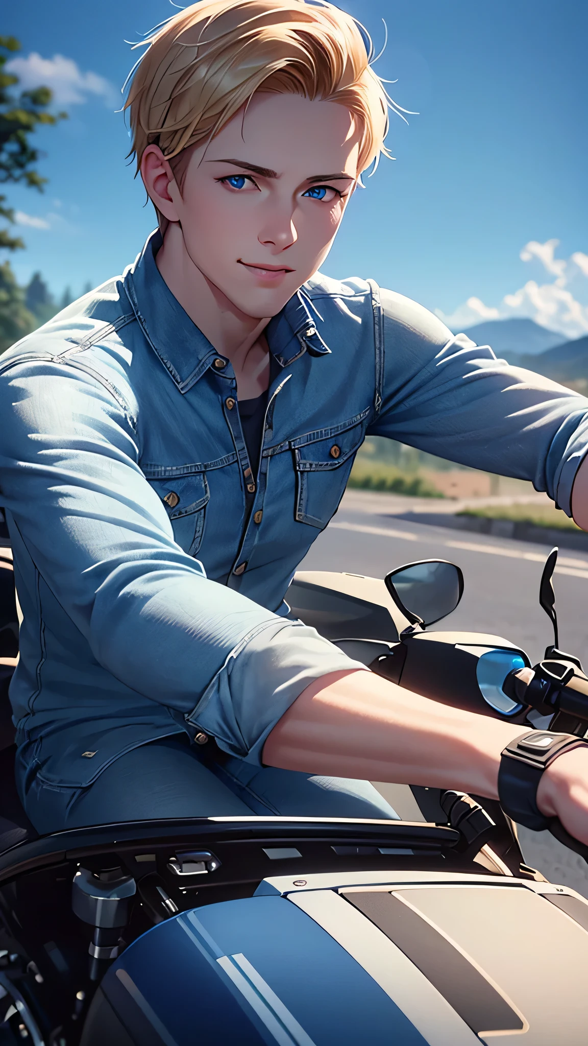 a young man with short blonde hair riding a motorcycle under a blue sky, wearing denim, holding a helmet, smiling, cute, light blue eyes, (best quality,4k,8k,highres,masterpiece:1.2),ultra-detailed,(realistic,photorealistic,photo-realistic:1.37),portrait,natural lighting