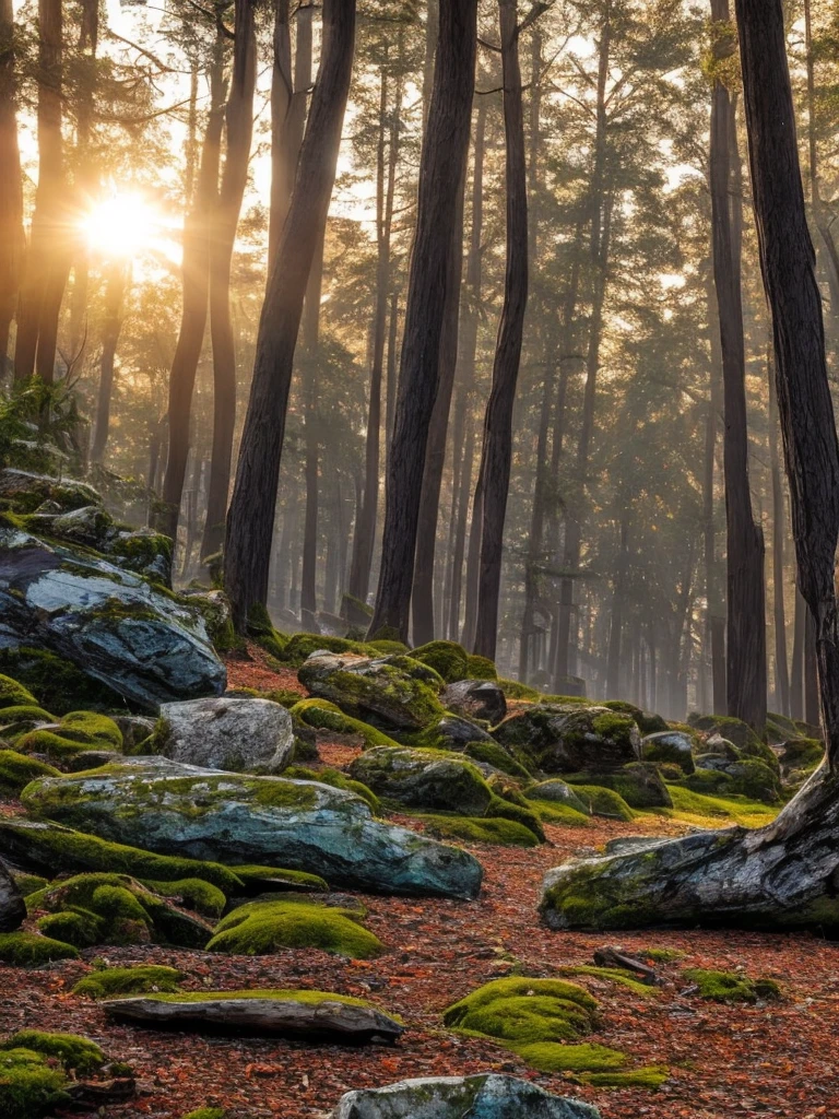 A forest of petrified wood in a natural environment, where ancient trees stand frozen in time, their bark replaced by shimmering stone reflecting the hues of the setting sun. The wood appears almost lifelike, with intricate patterns and textures visible on each petrified trunk, telling tales of a time long past. The surroundings are lush and vibrant, with colorful wildflowers blooming at the base of these stone giants, creating a stark contrast against the solid gray bark. The scene exudes a sense of eerie tranquility, as if the forest is holding its breath, waiting for whispers from a forgotten age to break the silence.BREAK--**futuristc city\(diamond,metallic,silver\)**, BREAK ,backgrownd\((simple black:1.5)(metallic,silver),reflection\),quality\(8k,wallpaper of extremely detailed CG unit, ​masterpiece,hight resolution,top-quality,top-quality real texture skin,hyper realisitic,increase the resolution,RAW photos,best qualtiy,highly detailed,the wallpaper\),,dynamic ultrarealistic angle, *(TruckersRule style)*