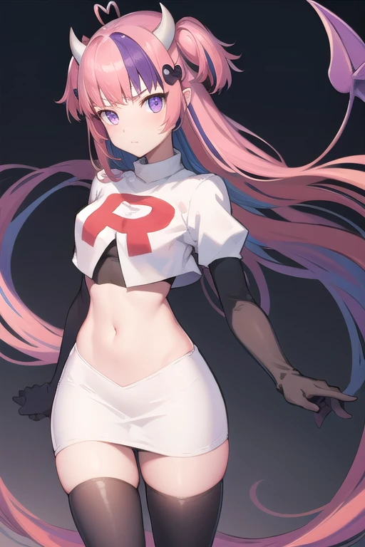 ironmouse, ironmouse, ahoge, medium hair, multicolored hair, pink hair, (purple eyes:1.1), purple hair, sidelocks, streaked hair, swept bangs, two side up, two-tone hair, hair ornament, heart, heart ahoge, heart hair ornament,
BREAK team rocket,team rocket uniform,white skirt,red letter R,crop top,black thigh-highs,black elbow gloves, demon girl, demon horns, demon tail, horns, tail,
BREAK looking at viewer,
BREAK (masterpiece:1.2), best quality, high resolution, unity 8k wallpaper, (illustration:0.8), (beautiful detailed eyes:1.6), extremely detailed face, perfect lighting, extremely detailed CG, (perfect hands, perfect anatomy),