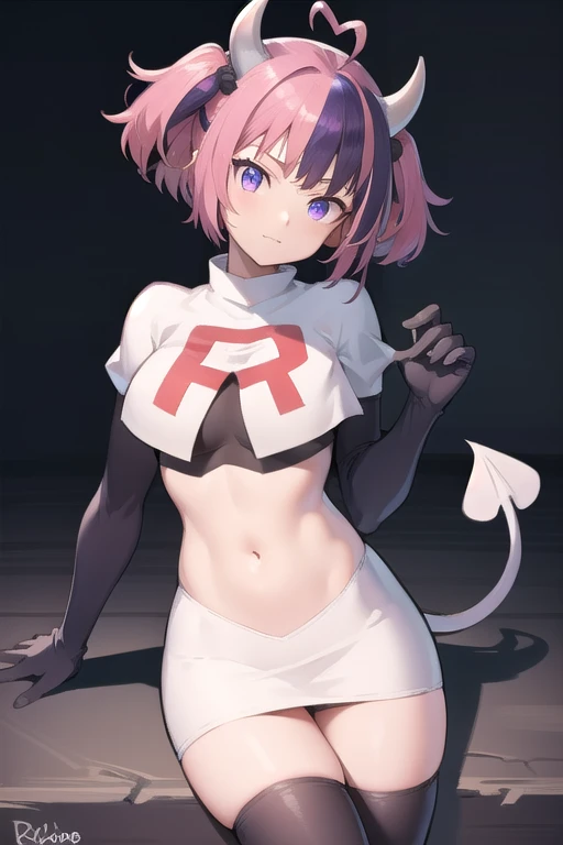 ironmouse, ironmouse, ahoge, medium hair, multicolored hair, pink hair, (purple eyes:1.1), purple hair, sidelocks, streaked hair, swept bangs, two side up, two-tone hair, hair ornament, heart, heart ahoge, heart hair ornament,
BREAK team rocket,team rocket uniform,white skirt,red letter R,crop top,black thigh-highs,black elbow gloves, demon girl, demon horns, demon tail, horns, tail,
BREAK looking at viewer,
BREAK (masterpiece:1.2), best quality, high resolution, unity 8k wallpaper, (illustration:0.8), (beautiful detailed eyes:1.6), extremely detailed face, perfect lighting, extremely detailed CG, (perfect hands, perfect anatomy),