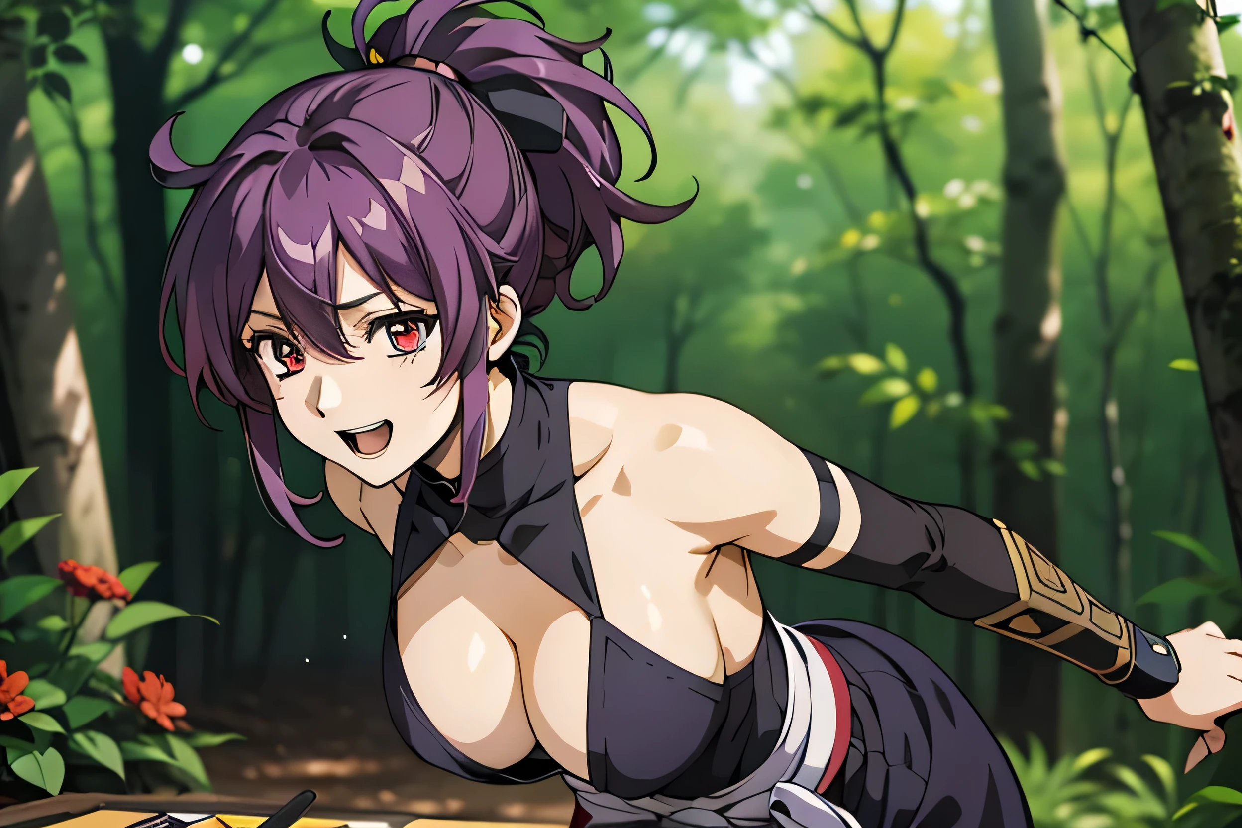 highest quality, (Tabletop:1.2), Very detailed, Flowers, forest, Blurred Background, One Girl, alone, yuzuriha, View Viewer, Medium chest, smile, Open your mouth, Red eyes, Purple Hair, ponytail, Cleavage, Ninja Artist, Ninja clothing, Komono, Exposing shoulders, Hip vents, Daggers in both hands, Torn Ninja clothing, Fighting