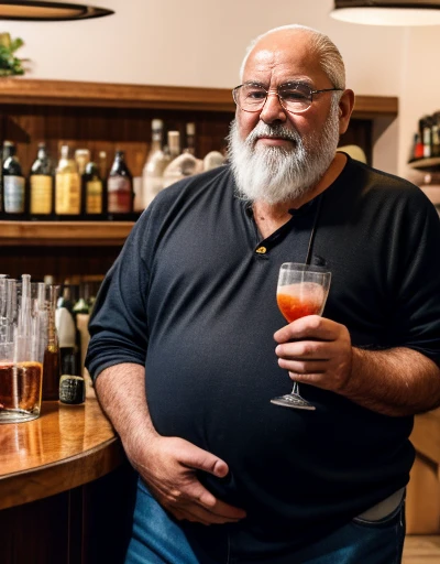 Only plump chubby extremely thick thighs large belly fat age 65 elderly bearded old man, usando apenas sunga branca,((Fios de Cabelos cor preto)) he is holding a glass of drinks, he is holding a glass of drink, he is holding a bottle of drink, he is holding a shop mug.