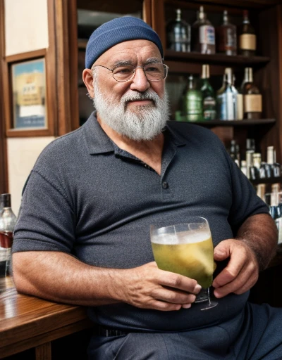 Only plump chubby extremely thick thighs large belly fat age 65 elderly bearded old man, usando apenas sunga branca,((Fios de Cabelos cor preto)) he is holding a glass of drinks, he is holding a glass of drink, he is holding a bottle of drink, he is holding a shop mug.