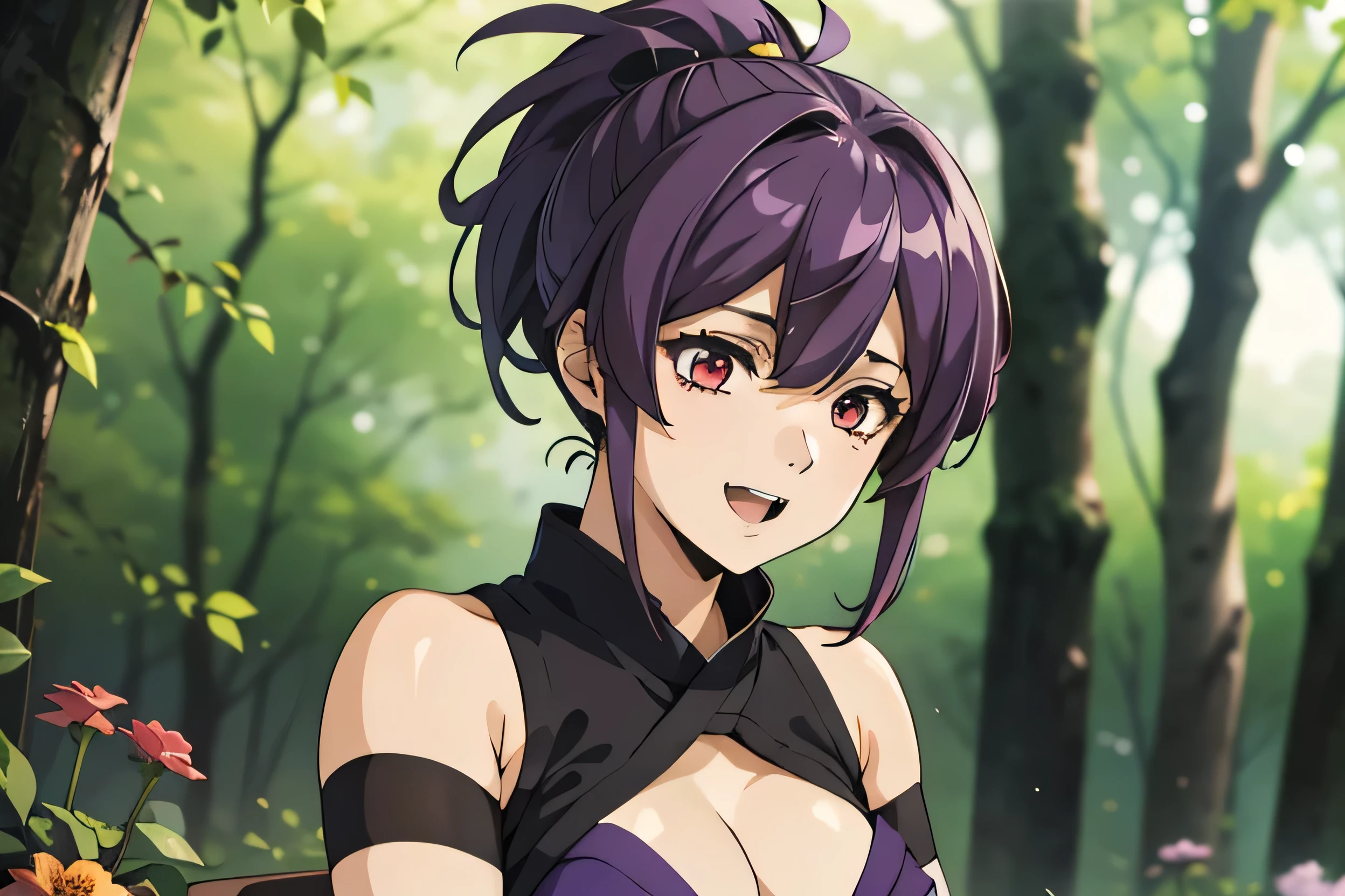 highest quality, (Tabletop:1.2), Very detailed, Flowers, forest, Blurred Background, One Girl, alone, yuzuriha, View Viewer, Medium chest, smile, Open your mouth, Red eyes, Purple Hair, ponytail, Cleavage, Ninja Artist, Ninja clothing, Komono, Exposing shoulders, Hip vents, Daggers in both hands, Torn Ninja clothing, Fighting