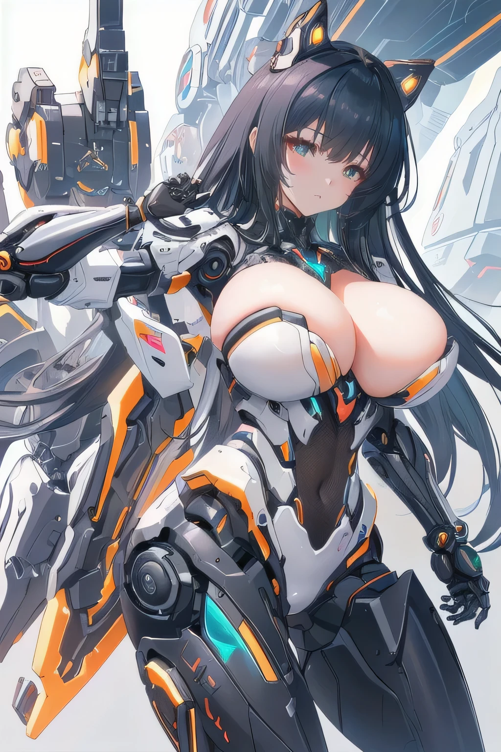 Busty anime girl posing in front of a robot, biomechanical tits, tits cyberpunk, tits, Best Anime 4K Konachan Wallpaper, completely robot!! Cat girl, A mix of anime robots and organic matter, Thick and smooth Warframe thighs, [ 4k digital art ]!!, Perfect anime cyborg woman, Trending on cgstation, Breasts covered and SFW