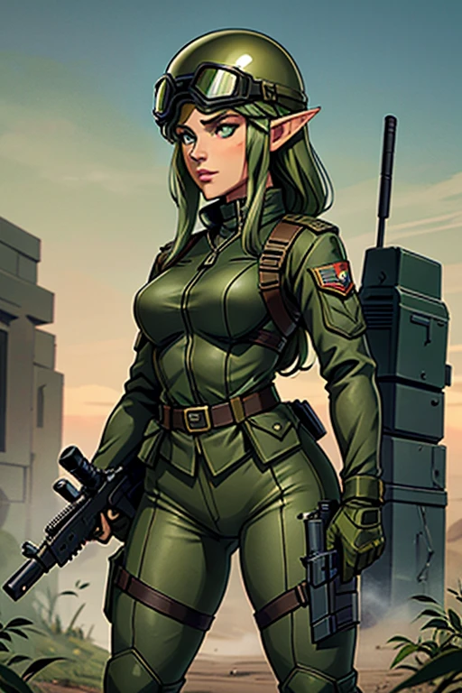 1female elf ,elfa militar,vestimenta militar,green camouflage uniform and wearing a helmet with goggles,holding firearm in your hands, parecendo estar pronta para o combate. The image depicts a military female elf, com um semblante determinado, positioned close to some type of military equipment.
