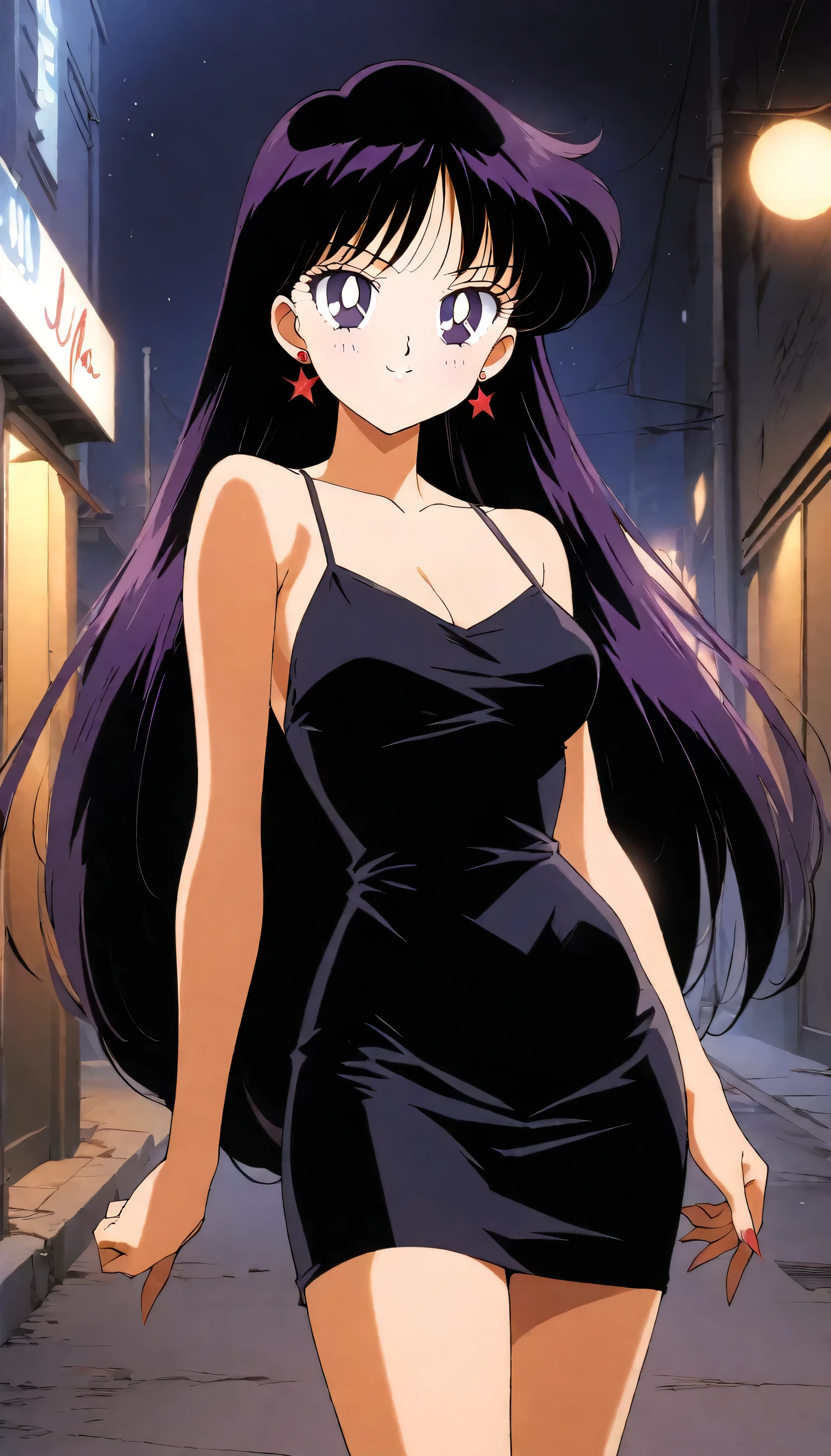 aamars, very long hair, black hair, parted bangs, purple eyes, 1990s \(style\), 1 girl, solo, Best quality, masterpiece, High Definition, taut dress, spaghetti strap, black dress, sleeveless, night, street, standing, black high heels, sexy posing, cowboy shot, medium breast, smile, full body