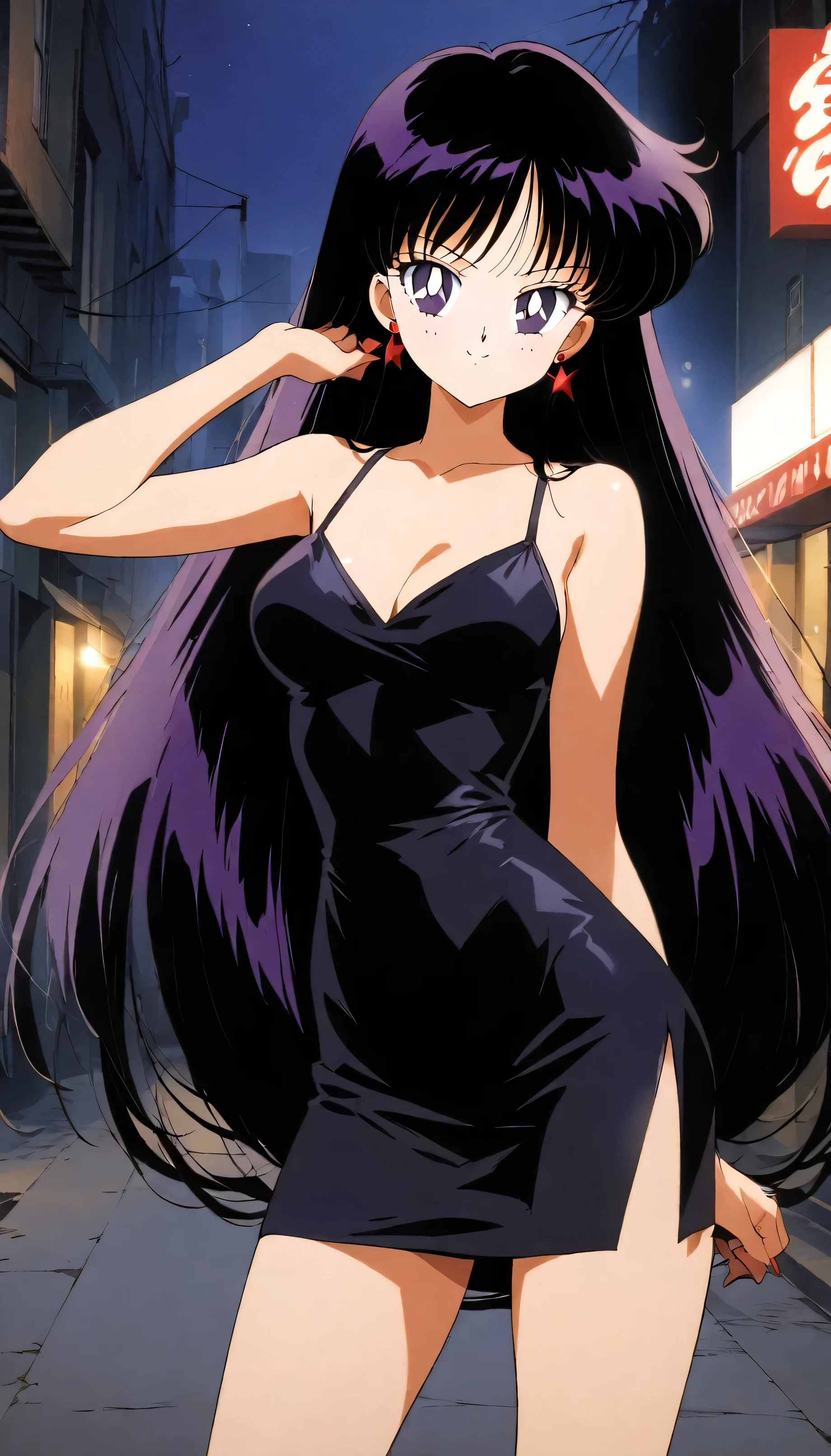 aamars, very long hair, black hair, parted bangs, purple eyes, 1990s \(style\), 1 girl, solo, Best quality, masterpiece, High Definition, taut dress, spaghetti strap, black dress, sleeveless, night, street, standing, black high heels, sexy posing, cowboy shot, medium breast, smile, full body 