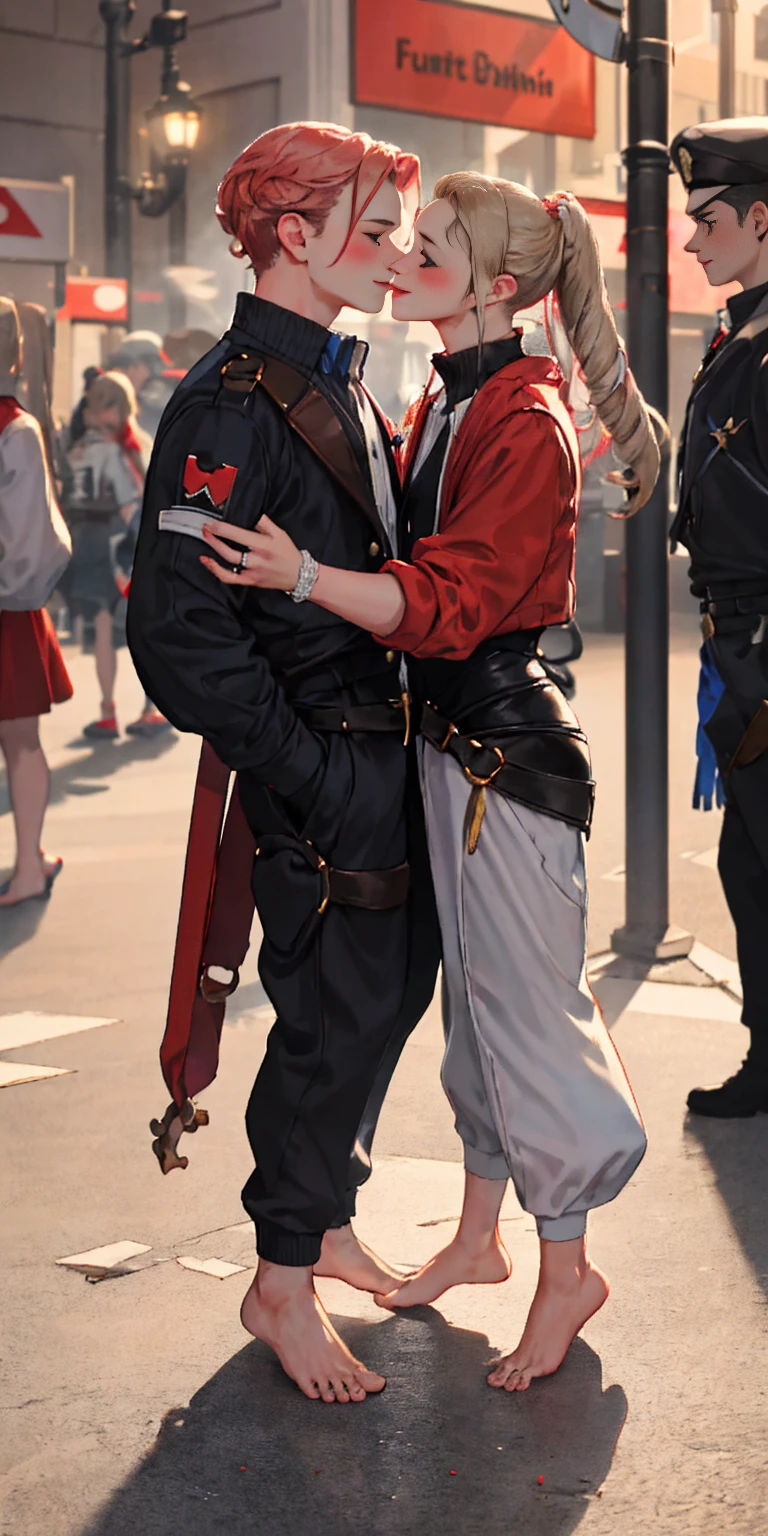 Body position: Standing, straight, symmetrical, barefoot, Lustful smile on face with red blush, 2 girls who gets married and stands in front of many people, kissing