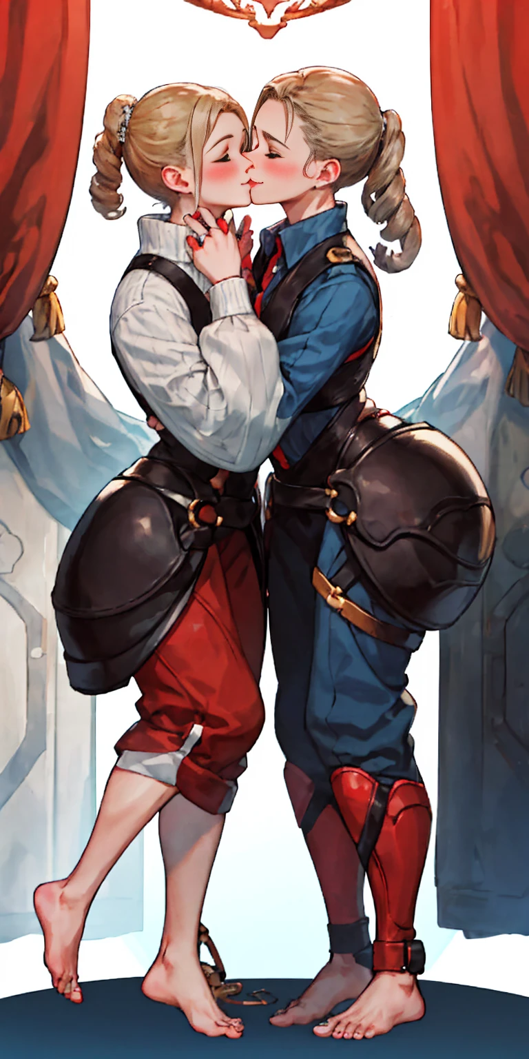 Body position: Standing, straight, symmetrical, barefoot, Lustful smile on face with red blush, 2 girls who gets married and stands in front of many people, kissing