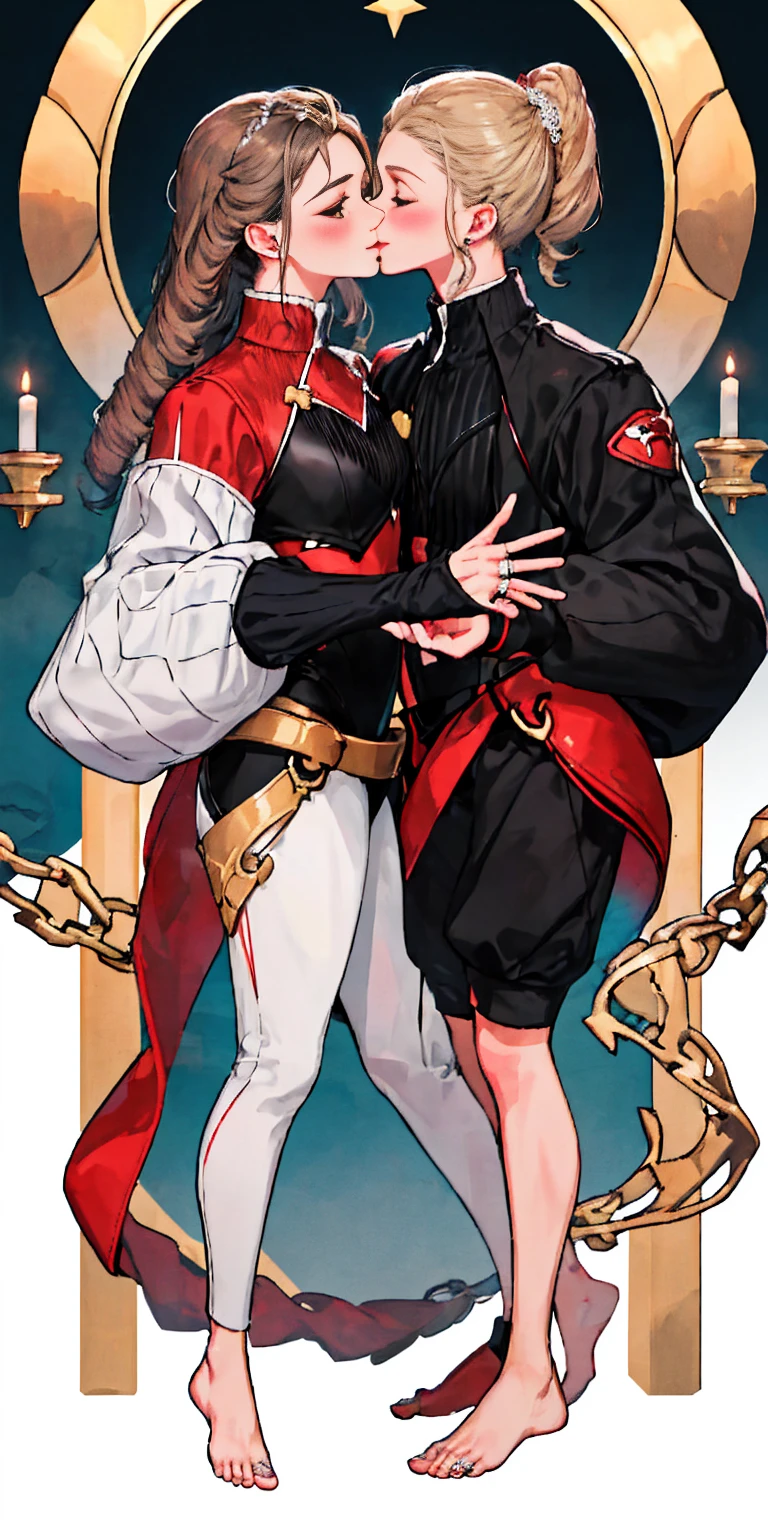 Body position: Standing, straight, symmetrical, barefoot, Lustful smile on face with red blush, 2 girls who gets married and stands in front of many people, kissing