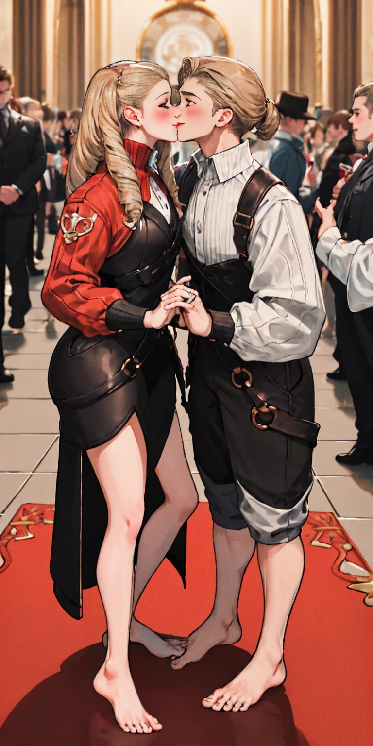 Body position: Standing, straight, symmetrical, barefoot, Lustful smile on face with red blush, 2 girls who gets married and stands in front of many people, kissing