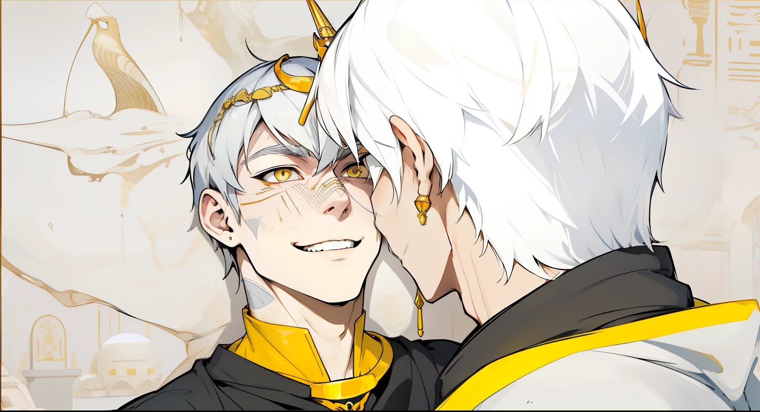 cute 18 year old boy yellow eyes white hair ancient egyptian clothing golden jewelry mischievous smile pocardia speaks with mockery irony yellow eyes white hair golden jewelry black and yellow egyptian clothes