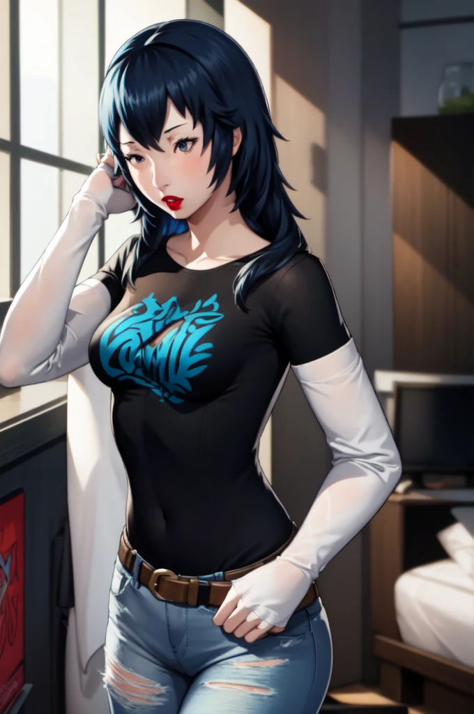 masterpiece, best quality, lucina, blue hair, 1girl, solo, standing, black t-shirt, white shirt, blue jeans, belt, lipstick, large breasts, layered sleeves