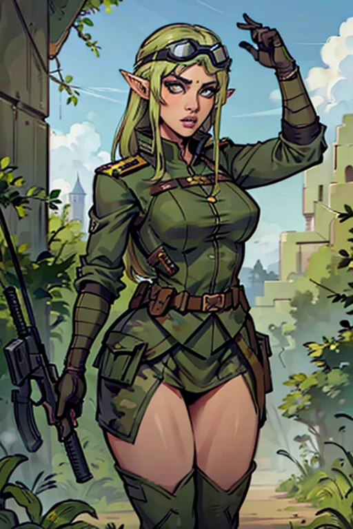 1female elf ,elfa militar,vestimenta militar,green camouflage uniform and wearing a helmet with goggles,holding firearm in your hands, parecendo estar pronta para o combate. The image depicts a military female elf, com um semblante determinado, positioned close to some type of military equipment.