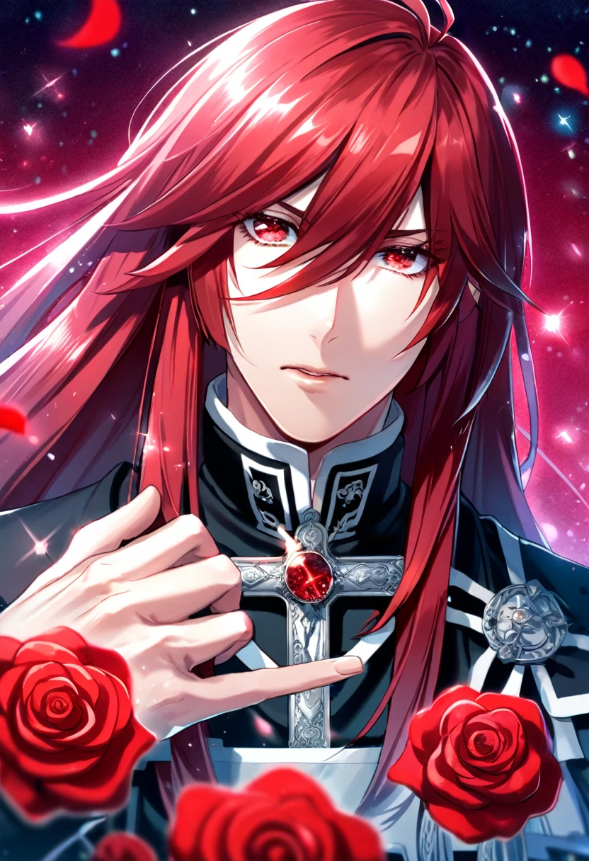 absurdres, highres, ultra detailed, HDR, master piece, best quality, Marian Cross, dark red long hair, hair between the eyes, with bangs, expressive red eyes, D.Gray-man, red beard, solo, sexy man, handsome, black clothes, magical, fantasy, red background, red roses, shining, red petals, red glittering fireflies