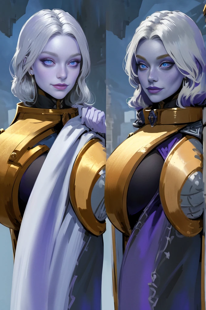 (Triplets)(chest covered)(smile)Gray skin, pale golden hair and violet eyes. They prefer clothing of white and silver with cloaks of deep blue or purple,village background, huge_knockers, ((very precise detailed)), ((highres)