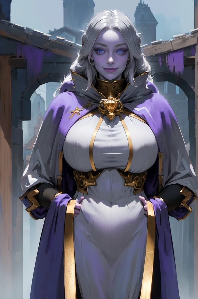 (Triplets)(chest covered)(smile)Gray skin, pale golden hair and violet eyes. They prefer clothing of white and silver with cloaks of deep blue or purple,village background, huge_knockers, ((very precise detailed)), ((highres)