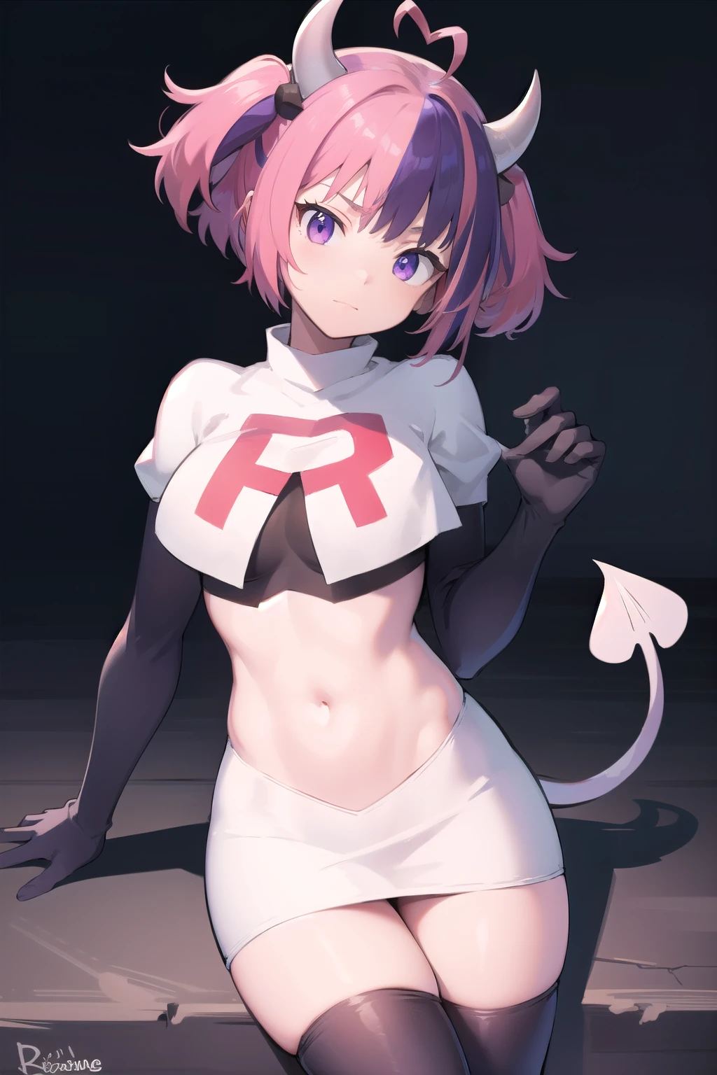 ironmouse, ironmouse, ahoge, medium hair, multicolored hair, pink hair, (purple eyes:1.1), purple hair, sidelocks, streaked hair, swept bangs, two side up, two-tone hair, hair ornament, heart, heart ahoge, heart hair ornament,
BREAK team rocket,team rocket uniform,white skirt,red letter R,crop top,black thigh-highs,black elbow gloves, demon girl, demon horns, demon tail, horns, tail,
BREAK looking at viewer,
BREAK (masterpiece:1.2), best quality, high resolution, unity 8k wallpaper, (illustration:0.8), (beautiful detailed eyes:1.6), extremely detailed face, perfect lighting, extremely detailed CG, (perfect hands, perfect anatomy),