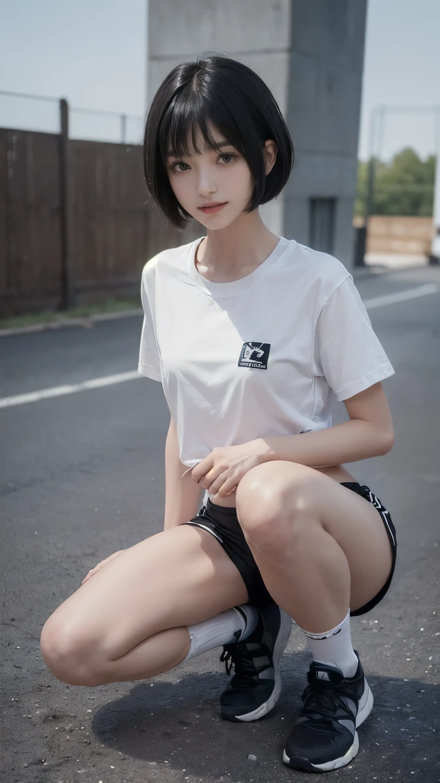 (Backwards:1.5, running:1.5), (Clothing:2.0, Long length white gym t-shirt:2.0, Black gym shorts:2.0, Knee-high socks:1.5, sneakers:1.5), (Outdoor playground:1.5), (Wet:1.5), ((A grin:1.2, Bobcut:1.2, slender:1.5, Small Ass:1.5)), ((Japanese, 1 Girl, 18-year-old, 7 heads, Ideal body proportions, Black Hair, With bangs, Small breasts, Erect nipples, slender, Small Ass, Beautiful feet, Skinny Legs)), Surrealism, Cinematic Lighting, Depth of written boundary, First Person View, Boobs F/1.8, 135mm, Ticker, Mastepiece, Curate, ((Anatomically correct:1.3)), Textured skin, Super Detail, High detail, High quality, Awards, Best Quality, High resolution, 8K