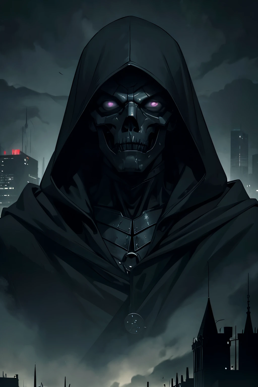 In a cloudy dark city landscape, a hooded man with a dark skull mask looks up into the sky. His mask is addorned with pitch black hollow eyes and a dark metal color. His expressions are zoomed in the etheral city landscape