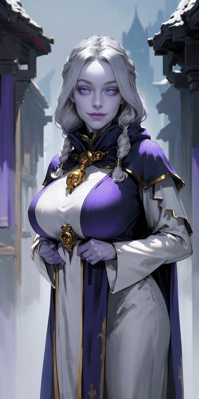 (Triplets)(chest covered)(smile)Gray skin, pale golden hair and violet eyes. They prefer clothing of white and silver with cloaks of deep blue or purple,village background, huge_knockers, ((very precise detailed)), ((highres)