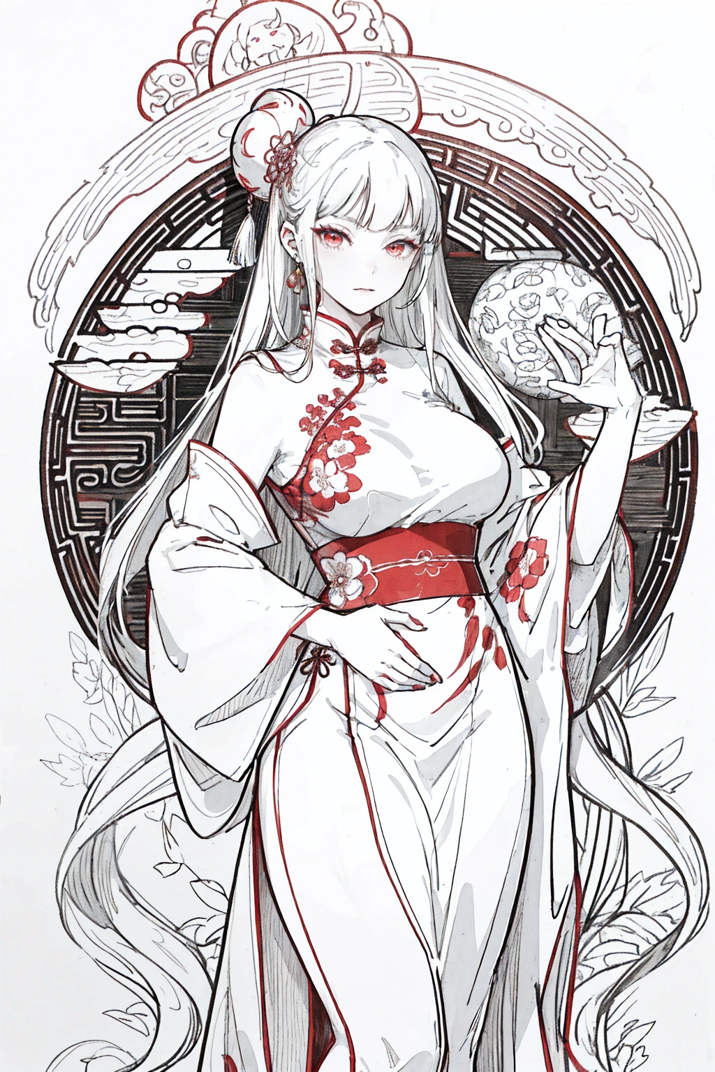 1girl,Line Art,sketch,Pencil drawing,traditional media,((perfect female figure)), white hair, red eyes, mature female, milf, narrow waist, chinese deity, looking at viewer, seductive posture, sexy pose, alluring, clean, beautiful face, pure face, pale skin, absurdly long hair, (huge breasts, breasts out, puffy ), shiny skin, skindentation,delicate pattern, intricate detail, (rich:1.4), (extremely detailed 8K chinese long embroidery silkrobe and silk long clothes and dress:1.2),slim body