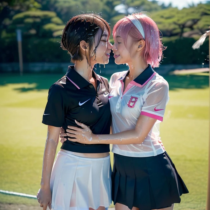 (Pink Hair :1.3),(Two Girls:1.5), (少女のwhole bodyの詳細なRAW写真), (Tabletop:1.0), (highest quality:1.4), (超A high resolution:1.2), (Realistic:1.4), 8K resolution, Canon EOS R5, 50mm, Absurd, Ultra-detailed, (Age 25), Sharp focus, Cinema Lighting, Beautiful face in every detail, (No makeup:1.2), (Ulzzang-6500-v1.1), shape, Detailed skin texture, Sunburned skin, Flat Chest, (A lean and healthy body:1.6), Thigh Gap, Detailed brown hair, hot,(Very short hair:1.5), Realistic glowing skin, (sweating:1.45), Heavy breathing, 蒸しhot, (small , Camel Toe), (Japan national team players, Flat Chest:1.5), Well developed abdomen, Wet body, (small tits:1.5), (日本のhigh school girl:1.5), (黒いSunburned skin:1.5), (Blue Nike Competition Lacrosse Uniform:1.5), (Wet polo shirt:1.5), (Through the skin color of the polo shirt:1.5), (学校で美しい20歳のJapanese Girlsの写真), whole body, (high school girl:1.5), (Erect nipples:1.1), whole body, (smile:1.5), (Hug each other tightly:1.3), (whole body:1.5), (Right before the kiss:1.5), (Do not touch lips:1.5), (Wet body:1.5), (Wet Skin:1.3), High School Lacrosse Team, (mini skirt:1.5), (Under the skirt), (Tanning and tanning line:1.5), (Backlight:1.0), (Japanese Girls:1.5), Relatives and friends, (Mock Hour:1.5), (sweat and Wet body, See-through skin tone:1.5), (A girl in a Japanese uniform:1.5)