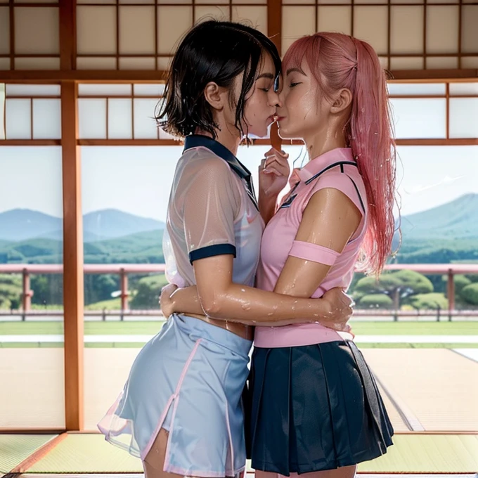 (nude :1.80),(Pink Hair :1.3),(Two Girls:1.5), (少女のwhole bodyの詳細なRAW写真), (Tabletop:1.0), (highest quality:1.4), (超A high resolution:1.2), (Realistic:1.4), 8K resolution, Canon EOS R5, 50mm, Absurd, Ultra-detailed, (Age 25), Sharp focus, Cinema Lighting, Beautiful face in every detail, (No makeup:1.2), (Ulzzang-6500-v1.1), shape, Detailed skin texture, Sunburned skin, Flat Chest, (A lean and healthy body:1.6), Thigh Gap, Detailed brown hair, hot,(Very short hair:1.5), Realistic glowing skin, (sweating:1.45), Heavy breathing, 蒸しhot, (small , Camel Toe), (Japan national team players, Flat Chest:1.5), Well developed abdomen, Wet body, (small tits:1.5), (日本のhigh school girl:1.5), (黒いSunburned skin:1.5), (Blue Nike Competition Lacrosse Uniform:1.5), (Wet polo shirt:1.5), (Through the skin color of the polo shirt:1.5), (学校で美しい20歳のJapanese Girlsの写真), whole body, (high school girl:1.5), (Erect nipples:1.1), whole body, (smile:1.5), (Hug each other tightly:1.3), (whole body:1.5), (Right before the kiss:1.5), (Do not touch lips:1.5), (Wet body:1.5), (Wet Skin:1.3), High School Lacrosse Team, (mini skirt:1.5), (Under the skirt), (Tanning and tanning line:1.5), (Backlight:1.0), (Japanese Girls:1.5), Relatives and friends, (Mock Hour:1.5), (sweat and Wet body, See-through skin tone:1.5), (A girl in a Japanese uniform:1.5)