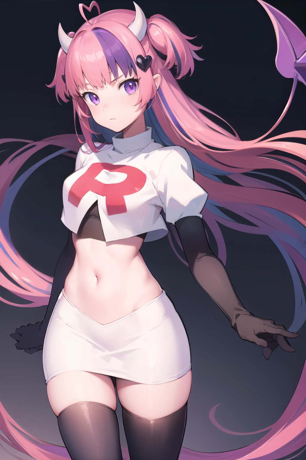 ironmouse, ironmouse, ahoge, medium hair, multicolored hair, pink hair, (purple eyes:1.1), purple hair, sidelocks, streaked hair, swept bangs, two side up, two-tone hair, hair ornament, heart, heart ahoge, heart hair ornament,
BREAK team rocket,team rocket uniform,white skirt,red letter R,crop top,black thigh-highs,black elbow gloves, demon girl, demon horns, demon tail, horns, tail,
BREAK looking at viewer,
BREAK (masterpiece:1.2), best quality, high resolution, unity 8k wallpaper, (illustration:0.8), (beautiful detailed eyes:1.6), extremely detailed face, perfect lighting, extremely detailed CG, (perfect hands, perfect anatomy),