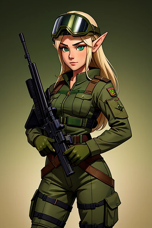 1female elf ,elfa militar,vestimenta militar,green camouflage uniform and wearing a helmet with goggles,holding firearm in your hands, parecendo estar pronta para o combate. The image depicts a military female elf, com um semblante determinado, positioned close to some type of military equipment.
