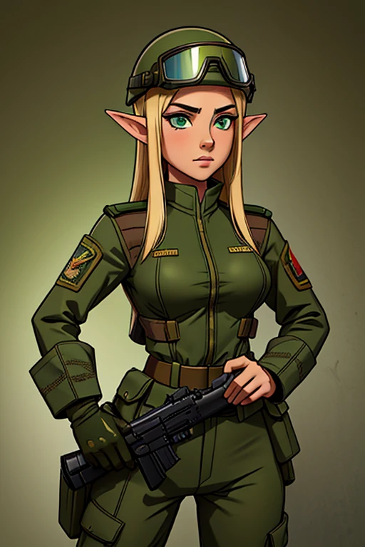 1female elf ,elfa militar,vestimenta militar,green camouflage uniform and wearing a helmet with goggles,holding firearm in your hands, parecendo estar pronta para o combate. The image depicts a military female elf, com um semblante determinado, positioned close to some type of military equipment.
