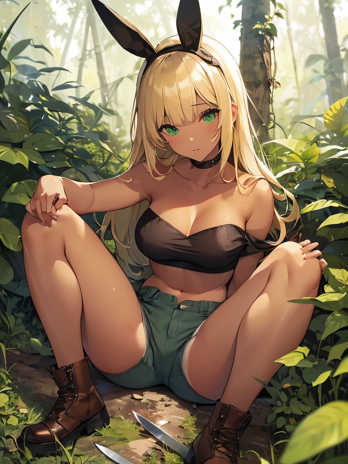 top-quality、masterpiece、hight resolution、女の子 1 人、Beautiful expression、On the body、(high-detail skin:1.2)、8K UHD、Digital SLR、Soft lighting、hightquality、volume illumination、Frankness、hight resolution、4K、8K、Bokeh、mideum breasts、Open fingers、(hair-color:a blond:1)、White panties without bra、Sheer tank top、goggles、Jungle Boots、Handgun、Rambo knife、kukri knife、dense woods、A desert、jeep、、perspiring、Covered in love juice、Semen