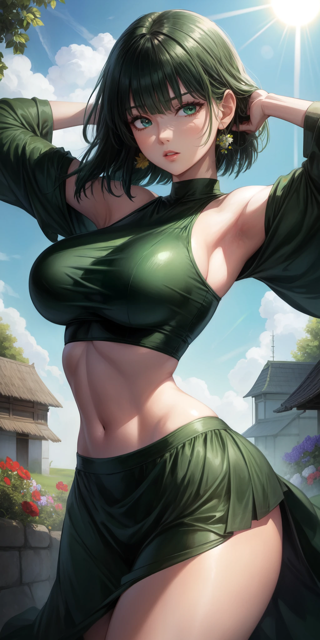 realistic, 1girl, Fubuki, green hair, green eyes, big round breasts, pure white skin, shining eyes, dark green crop top, dark green skirt, parted lips, rouge, night, flowers, sun, sunshine