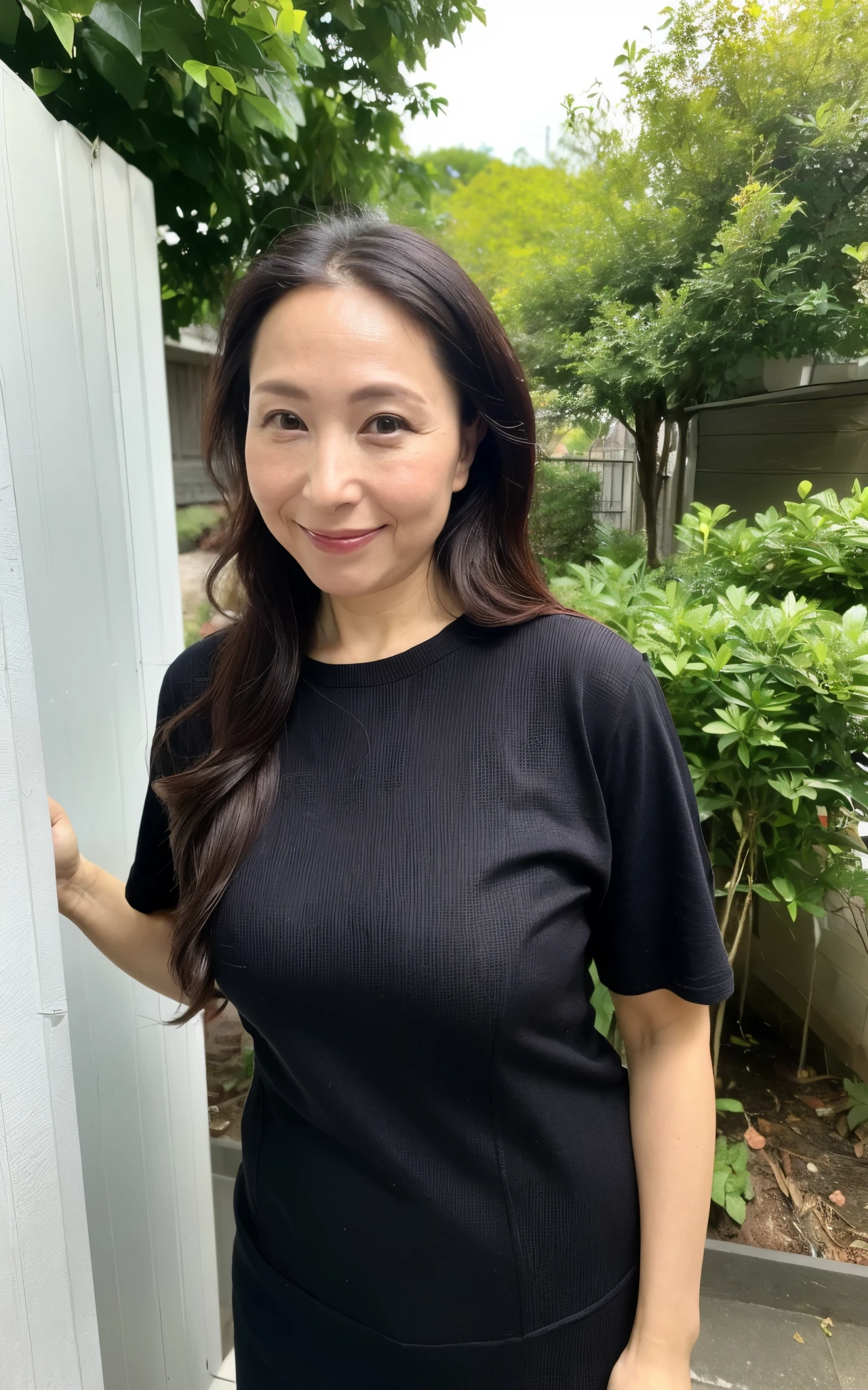 ((Best Quality, 8k, Masterpiece: 1.3)), Photorealistic, Sharp Focus, High Quality, High Definition, Portrait, Solo, Japan, Middle Aged Woman, Beauty, 43 years old, Plump, Wavy Hair, receptionist uniform, Wrinkles at the corners of the eyes:0.5, Narrow backyard, Lots of boxes, Lots of files, Dark background