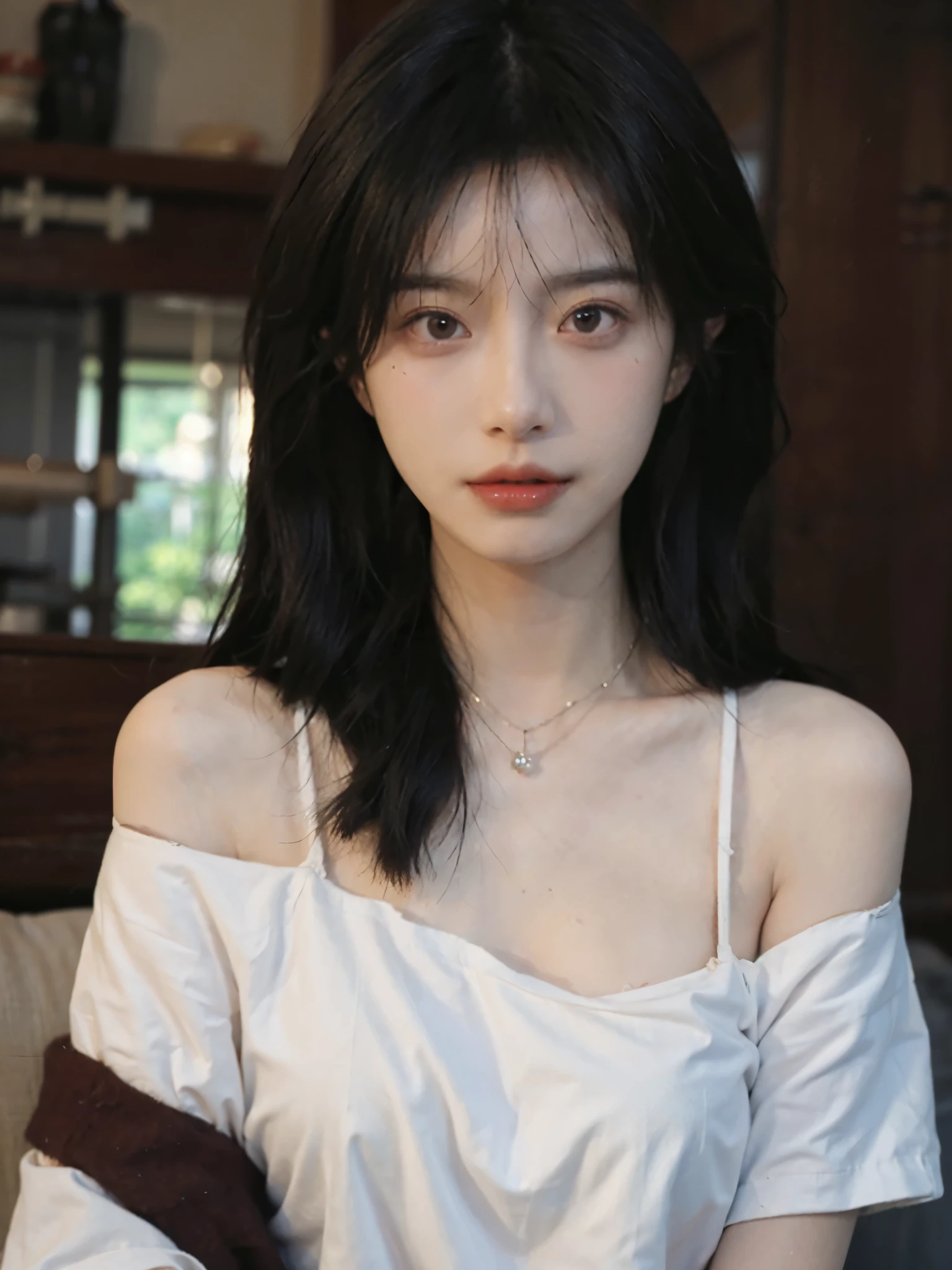 Film Portrait Photography, 1 girl, Bare shoulders,lipstick，（flat chest：1.4）， Shoulder-Length Wavy Hair, Wear a necklace，scarf，earrings，Short sleeve，serene, calm, (Realistic and detailed eyes, Natural skin texture, Realistic facial details), Soft dramatic lighting, Depth of Field, Bokeh, Large Breasts，??????，，cleveage，Vivid details, Detailed and detailed, Surrealism, 35 mm film, hazy, ,