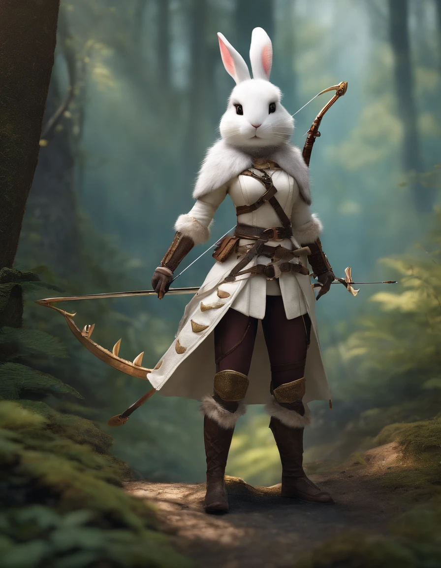 Harengon, Bunny, female, white fur with black spots, Ranger Outfit, Bow and arrow on the back, 2 short swords on belt, Wald Hintergrund