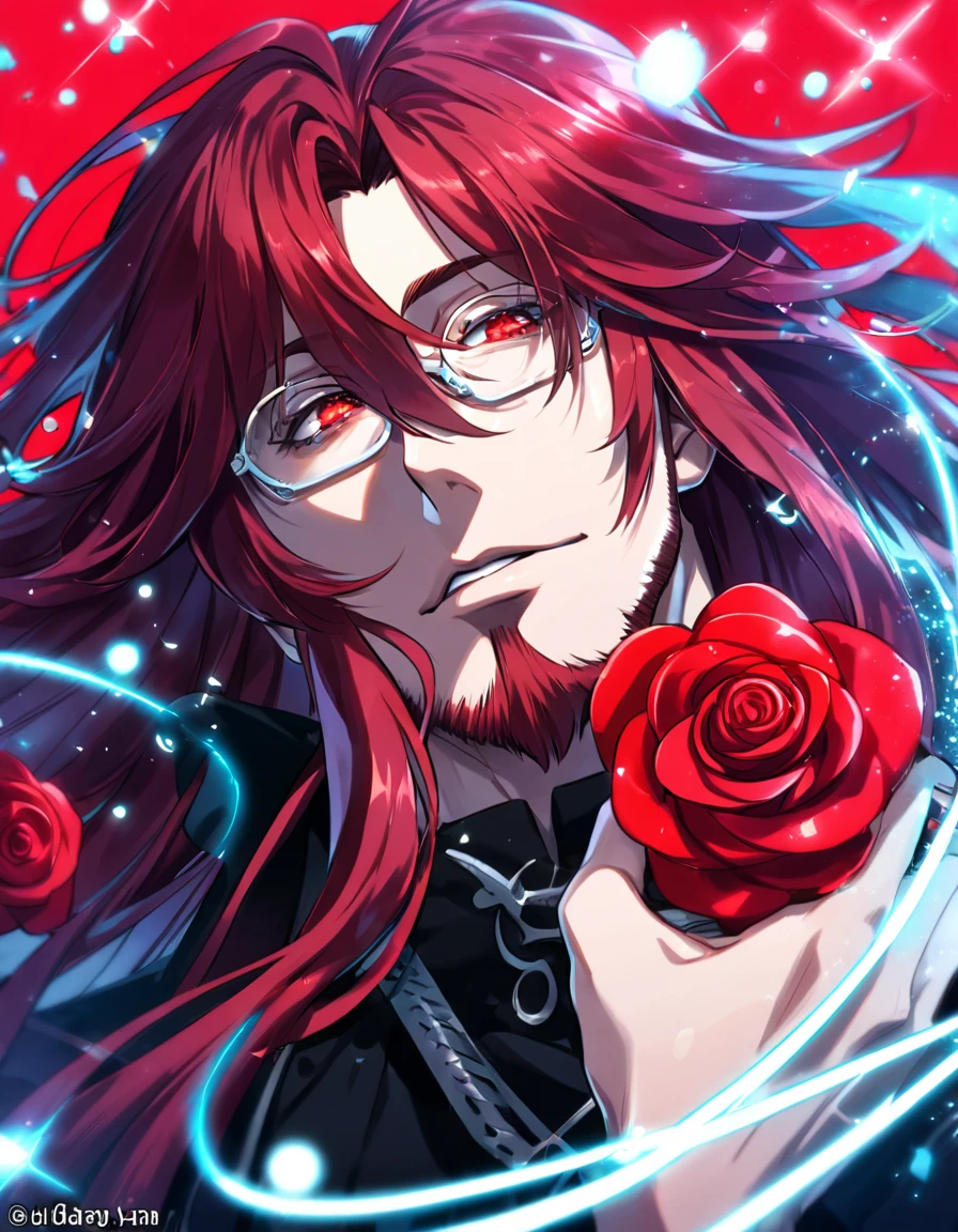 absurdres, highres, ultra detailed, HDR, master piece, best quality, Marian Cross, dark red long hair, hair between the eyes, with bangs, expressive red eyes, D.Gray-man, glasses, beard, solo, sexy man, handsome, black clothes, magical, fantasy, red background, red roses, shining, red petals, red glittering fireflies