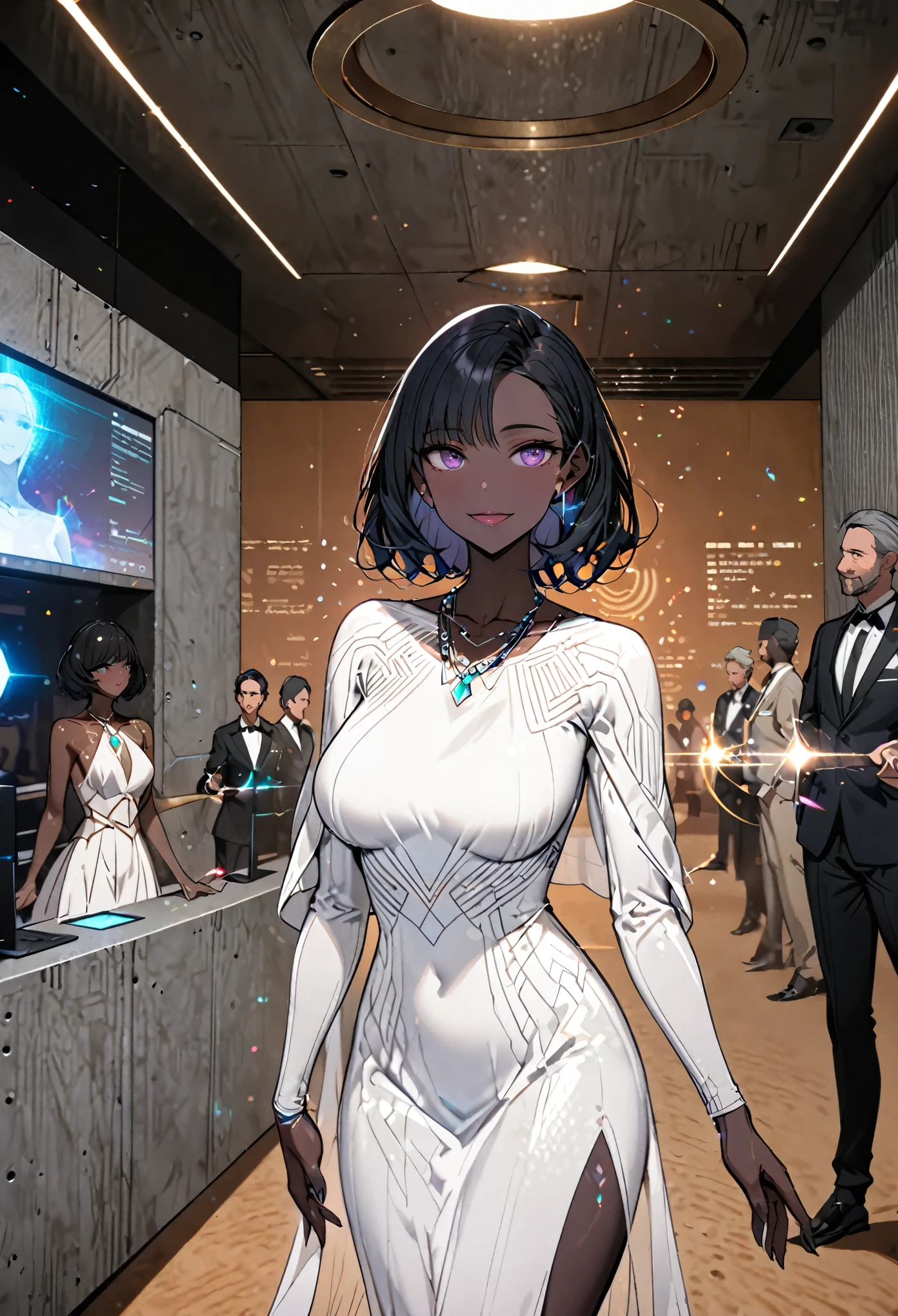 female, sfw, futuristic, extremely dark skin, black hair, slender, very tall, desert, medium shot, elegant, indoors, brutalism, concrete, white gala dress, hologram:0.5, playful, playful smile, necklace, party, mature adult, large breasts, v neck, white dress shrug, modest clothes, modest clothes