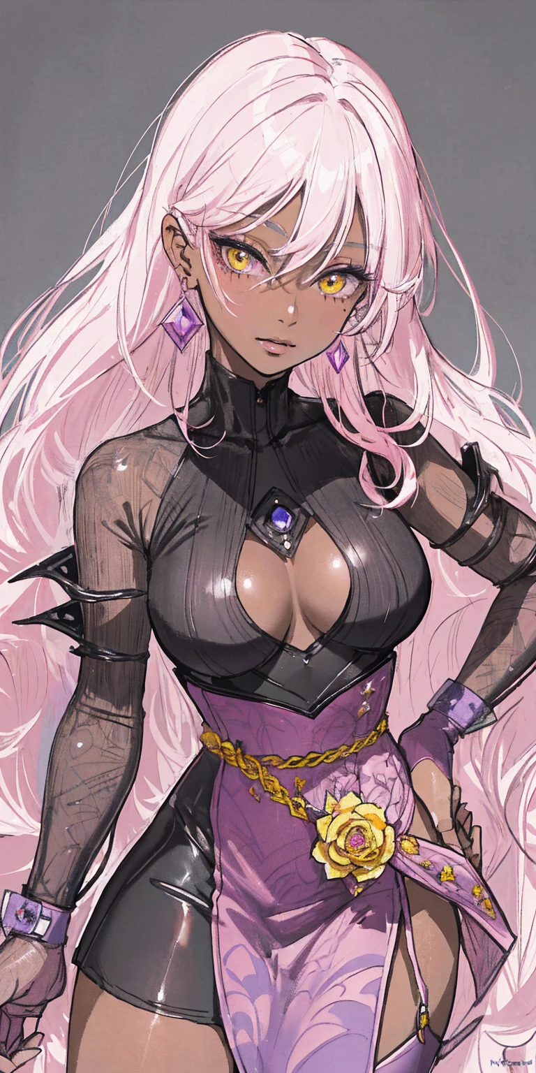 (masterpiece, highres, best quality:1.3), 8K, highly detailed, intricate, colorful, vibrant image, sharp focus, digital blending, 4K, trending on pixiv Ingrid, ((helloutfit)), solo, mature female, 30yo, milf, curvy, (dark skinned female:1.15), dark skin, posing, classroom, (caring look:1.2), looking at viewer, ((closeup shot, closeup face)), pink hair, very long hair, forehead, hair intakes, purple lipstick, makeup, mole under mouth, yellow eyes, perfect eyes, perfect face, ultra detailed hair, ultra detailed face, earrings, ultra detailed lips, ultra detailed lipstick,